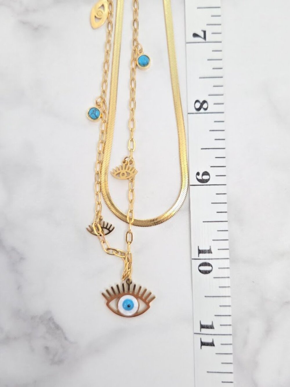 Gold Layered Evil Eye Necklace with Blue Eye Charms & Snake Chain - Picture 12 of 12